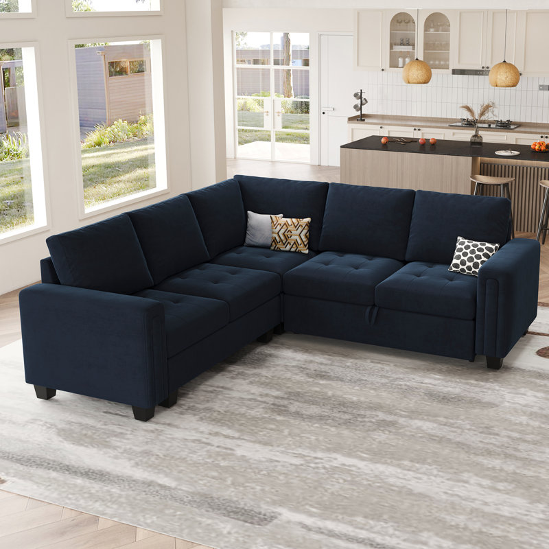Canapé-lit modulaire en L Shavera, Velours bleu