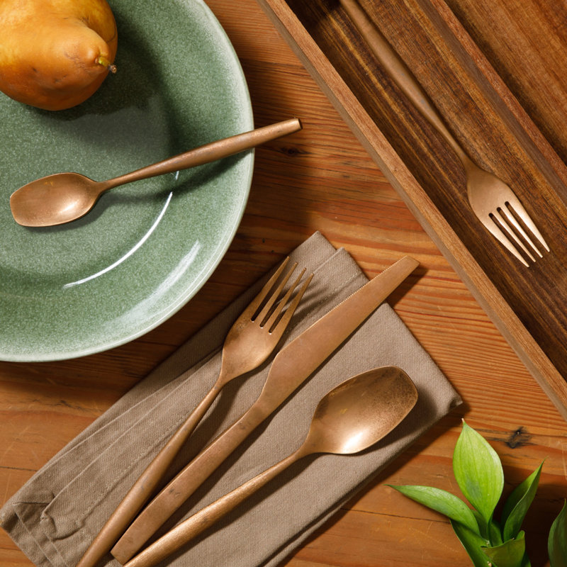 Bloomhouse 20 Piece Stone Washed Flatware 18/10 Stainless Steel Silverware Cutlery Utensil Set With Acacia Wood Caddy 