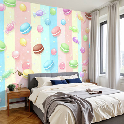 Peel and Stick Wallpaper 96" W x 69" H Modern Self Adhesive Wall Mural for Bedroom French confection macaron cake macaron candy colorful stripes seamless
