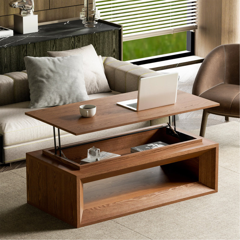 Table basse à plateau relevable avec rangement et hauteur réglable, Noyer