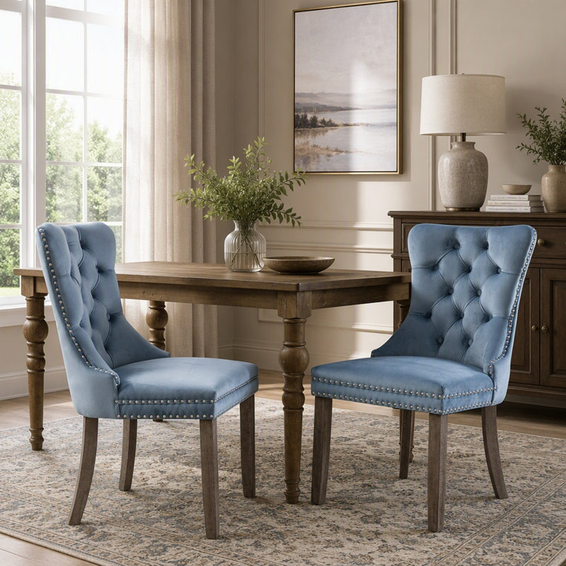 Ensemble de chaises de salle à manger contemporaines rembourrées avec garniture cloutée pour 2, Bleu clair