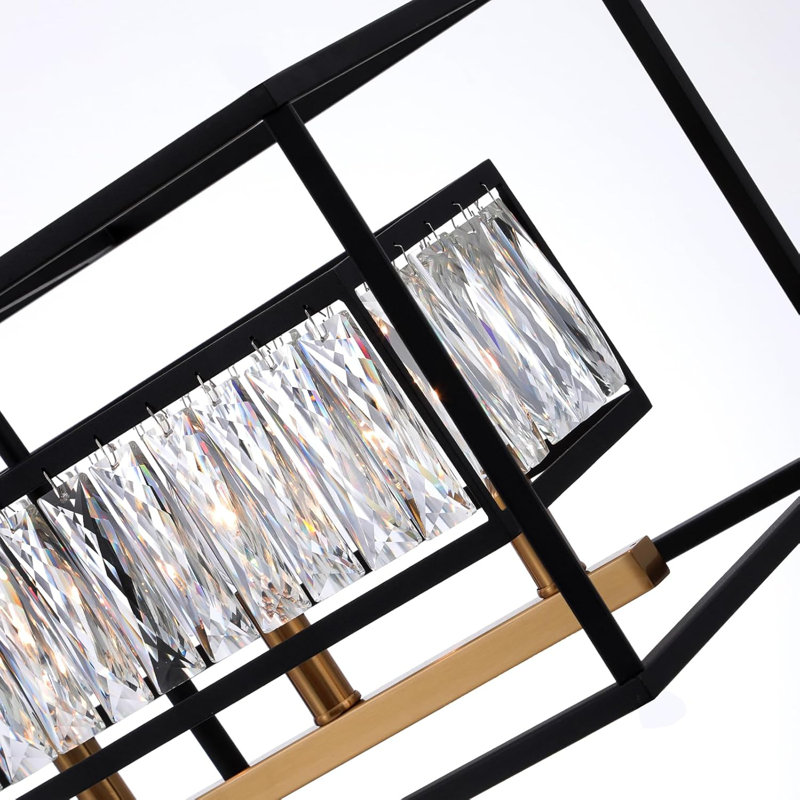 Modern Crystal Chandelier With Black And Gold Finish, 6-Light Linear Pendant Light Fixture For Dining Room, Living Room, And Kitchen Island