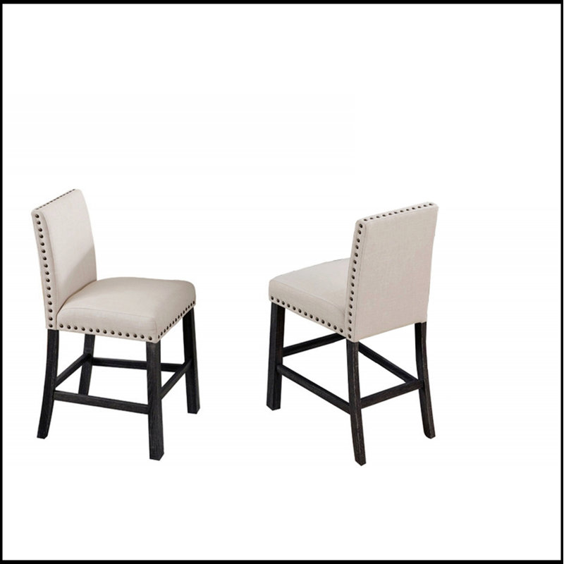 Ensemble de 2 chaises de comptoir rembourrées, garniture cloutée, pieds en bois gris antique, tabourets de cuisine confortables et élégants