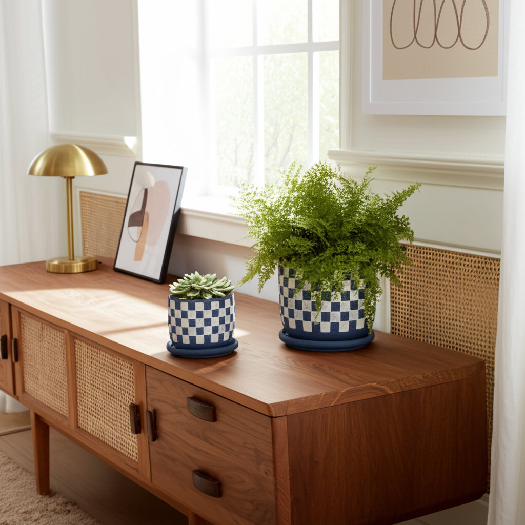 Jamesjoseph Stoneware Ceramic Planter Set with Drainage Tray - Checkered - Indoor/Outdoor (Set of 2) Ebern Designs 