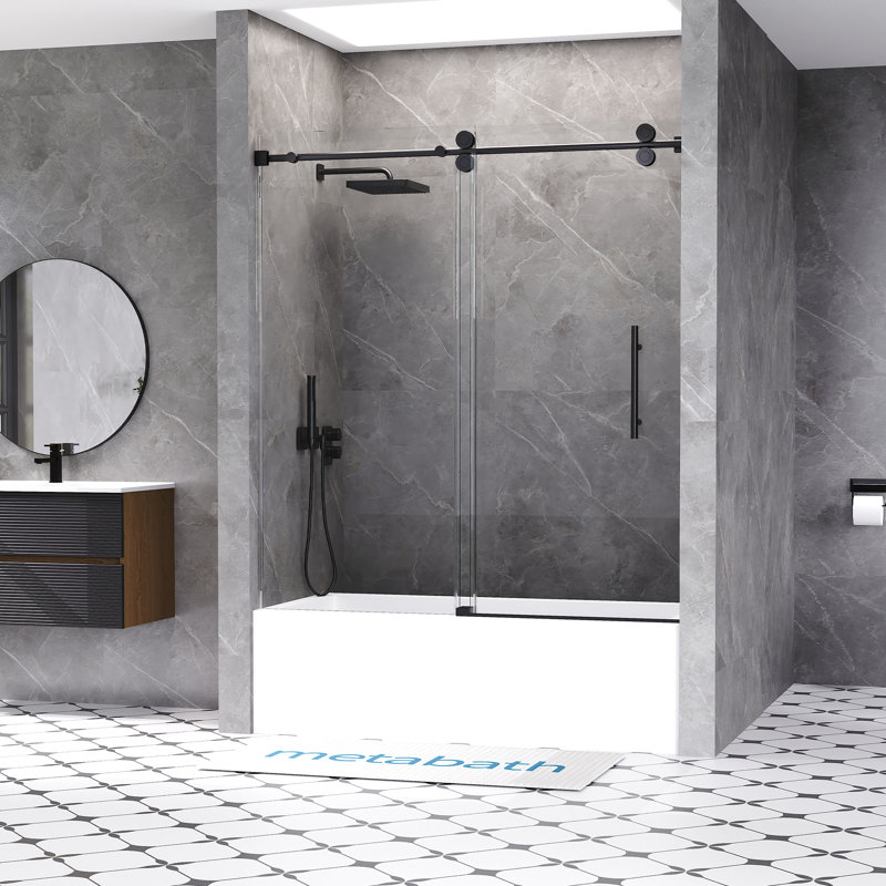 56"-60" W x 66" H Single Sliding Frameless Tub Door with 3/8"(10mm) Tempered Clear Glass, Black
