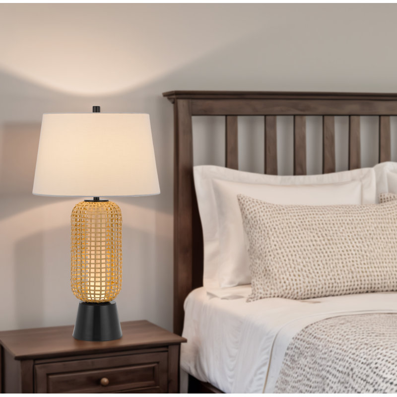 Lampe de table en osier - 76 cm de hauteur, osier tressé et fini noir, abat-jour en tissu rigide blanc, ampoule DEL 100 W, culot E26 à 3 intensités, veilleuse 2 W.