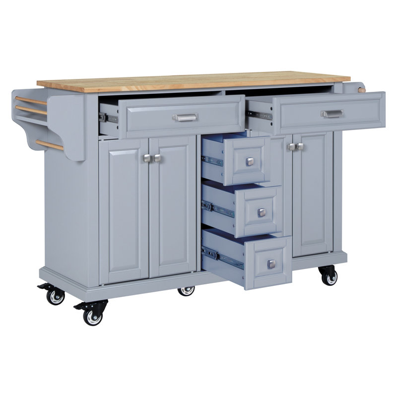 Kitchen Island With Rubber Wood Countertop, Kitchen Cart On 5 Wheels With Storage Cabinet And 5 Drawers, Gray