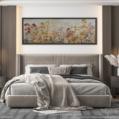 Autumn Wildflowers and Meadow Landscape in Warm Earthy Palette - Large Framed Canvas Master Bedroom Wall Art Print