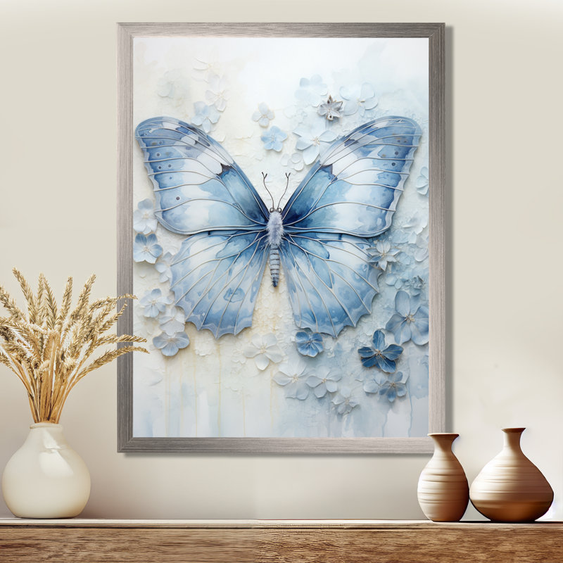 «Blue Butterfly Whispering Wings I», art mural papillon, H 32 po x l 16 po x P 1 po, Cadre flottant doré