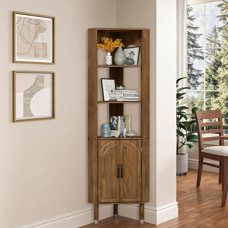 Armoire de coin de 72,3 po de hauteur avec portes et tablettes pour le salon, noyer