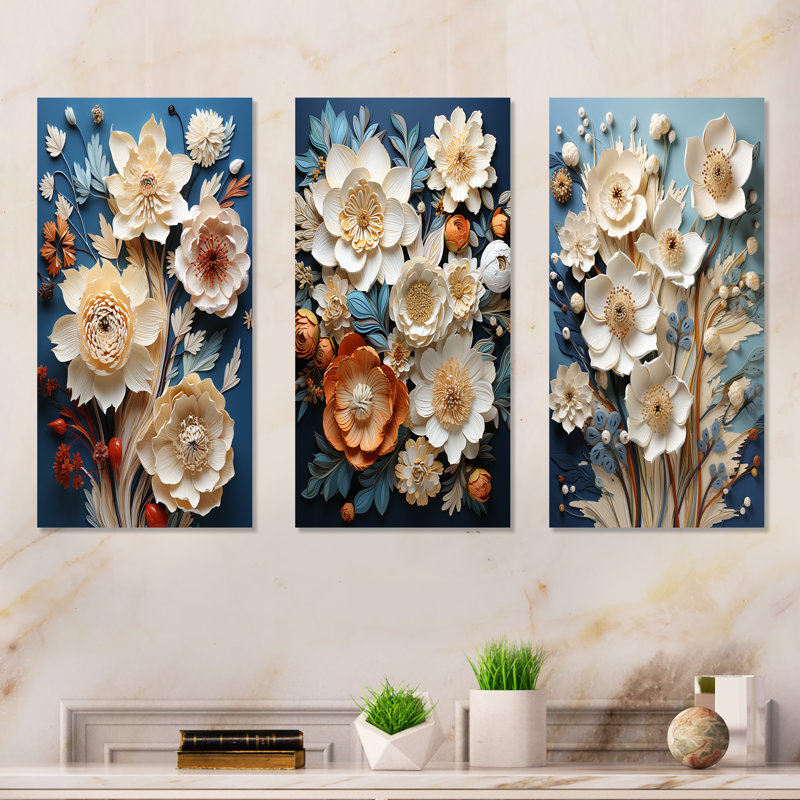 Jardin zen beige et bleu - Ensemble de 3 impressions métalliques de plantes, H 32 po x l 48 po