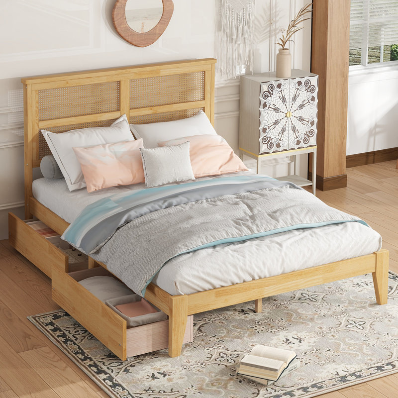 Full White Oak Rubber Wood Bed with Rattan Headboard and Storage Drawers