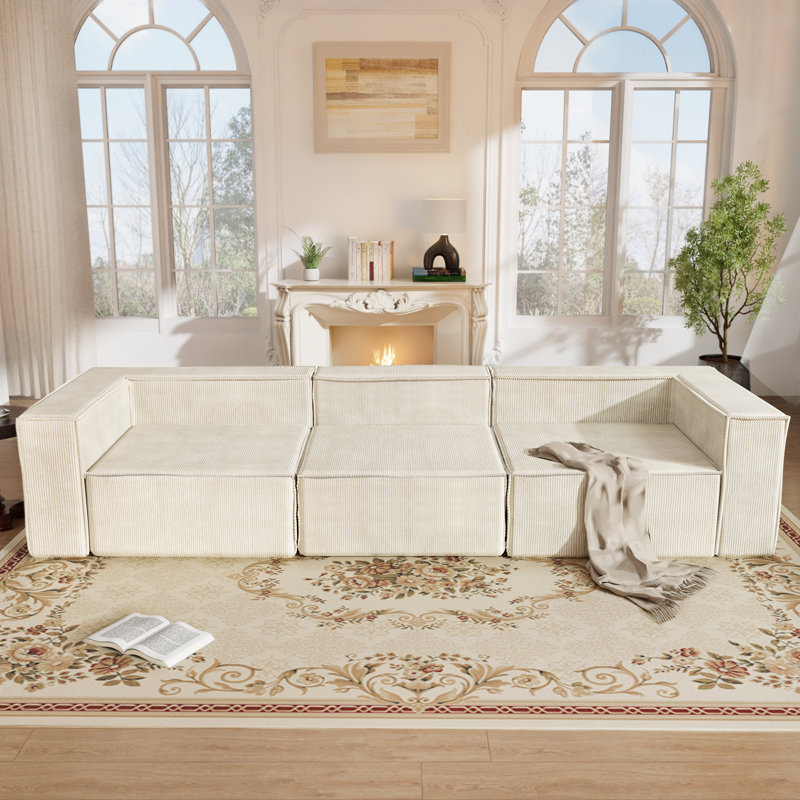 Canapé à compression 108 po en velours côtelé moderne sans assemblage requis, Beige