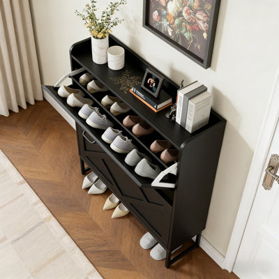 Slim Shoe Cabinet With 2 Flip-Down Drawers