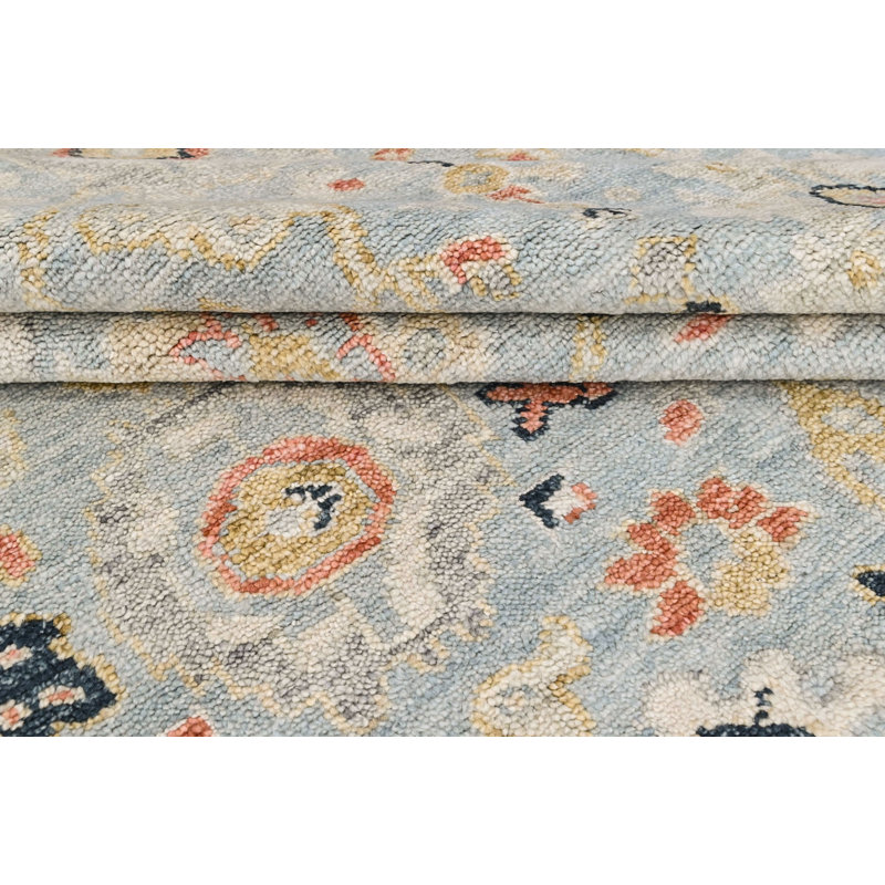 Tapis transitionnel bleu en laine noué à la main 8 pi 1 po x 9 pi 11 po Oushak