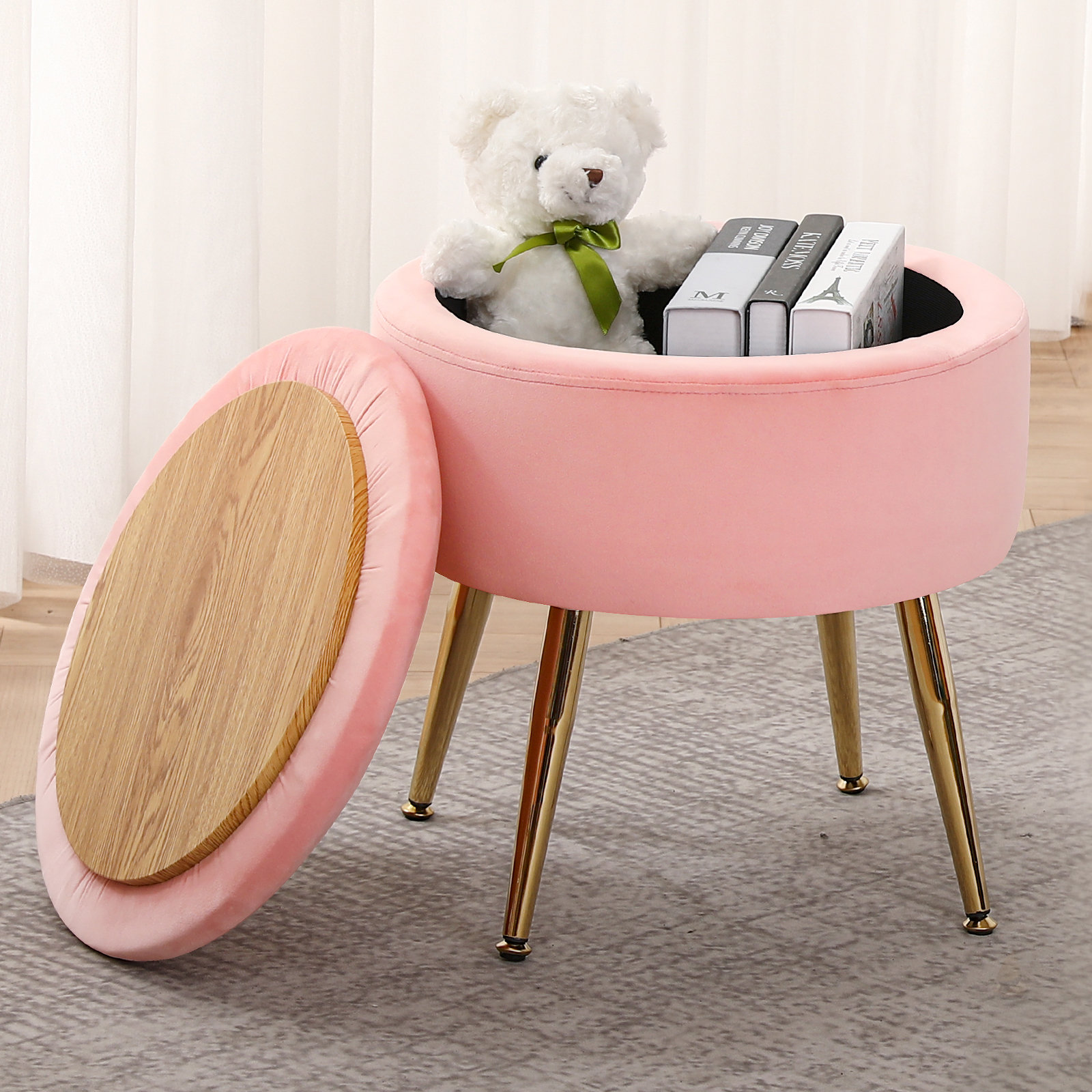 Ottoman with Storage Vanity Stool for Makeup Room, Round Footrest Storage  Ottoman Teddy Upholstered Foot Rest, Makeup Footstool, for Living Room  Dresser Kitchen Bedroom Dining Room, Pink 