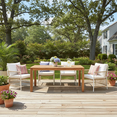 Ensemble de salle à manger 5 pièces en bois pour patio avec table en acacia de 67 pouces et 4 fauteuils en rotin pour l'extérieur et l'intérieur