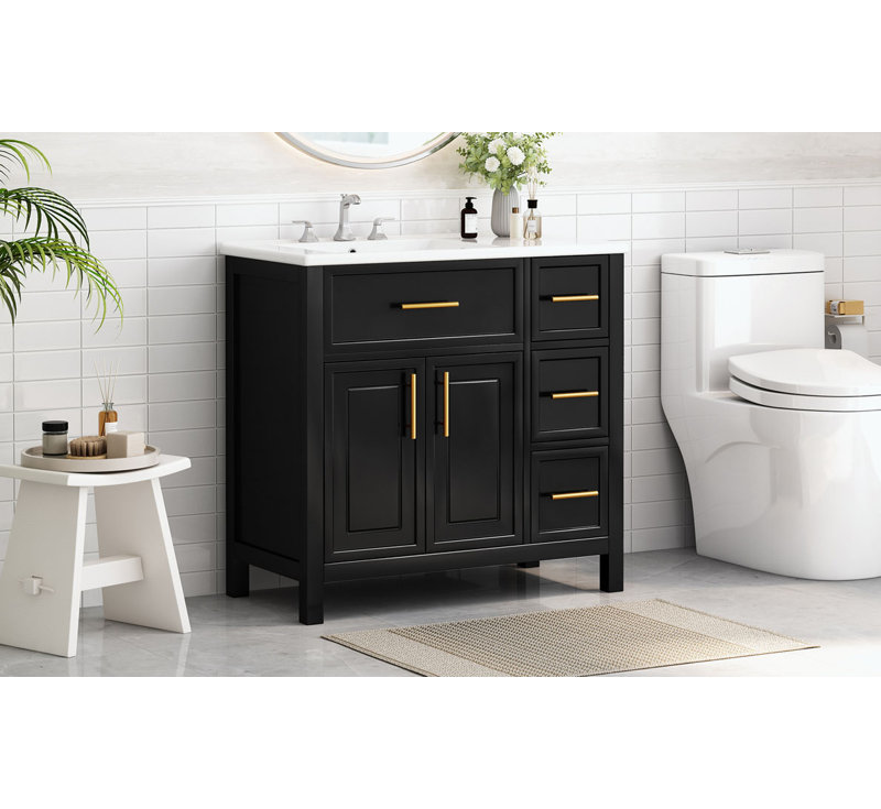 Meuble-lavabo avec lavabo et armoire avec tiroirs, Noir, noir, noir, noir