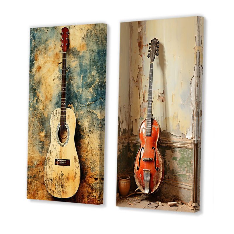 Guitare rétro Melody I - ensemble de 2 reproductions d'art sur toile, H 32 po x l 33 po, Toile tendue
