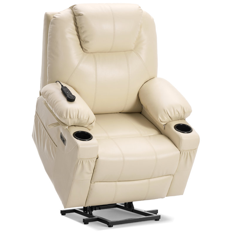 Dual Motor Power Lift Recliner Chair for Elderly with Massage and Heat, Electric Lift Chair for Adults with Extended Footrest, USB A&C, 2 Cup Holders(T6013-Faux Leather, Cream White, Medium)