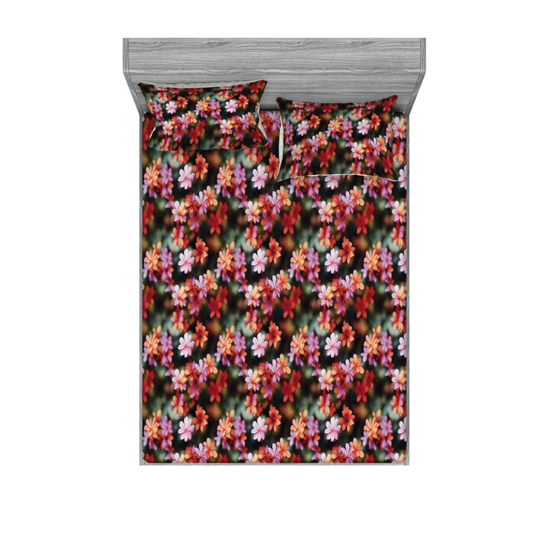 Ambesonne Fitted Sheet & Shams, California King Sheet Set with 2 Pillowcases, Pale Pink/Green Flower