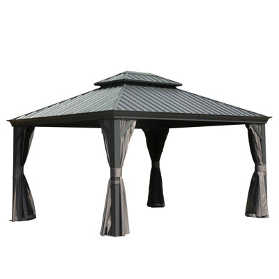 10' X 12' Hardtop Gazebo Outdoor Metal Gazebo With Galvanized Steel Double Roof Canopy, Aluminum Frame, Curtains And Netting For Patio, Deck, Garden, Grey