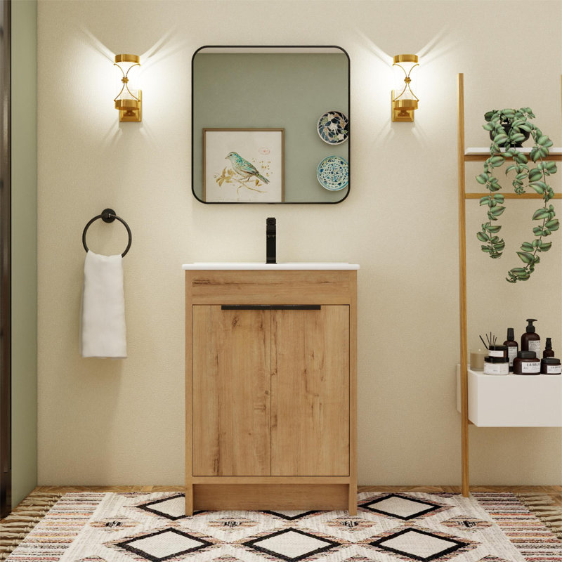 Baelynn 24" American Traditional Freestanding Single Bathroom Vanity with Ceramic Top, White, Imitative Oak