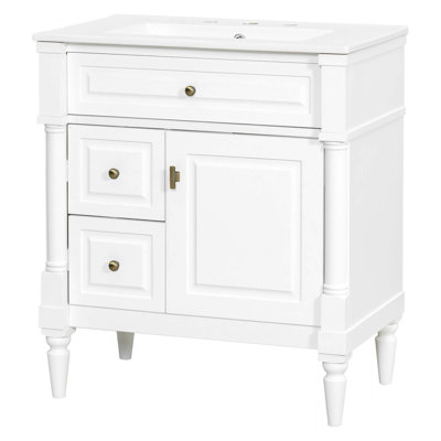 Meuble-lavabo avec lavabo, armoire de salle de bain autoportante avec lavabo en céramique, tiroir rabattable, tablette réglable