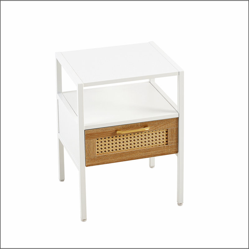 White Rattan and Faux Wood End Table with Drawer