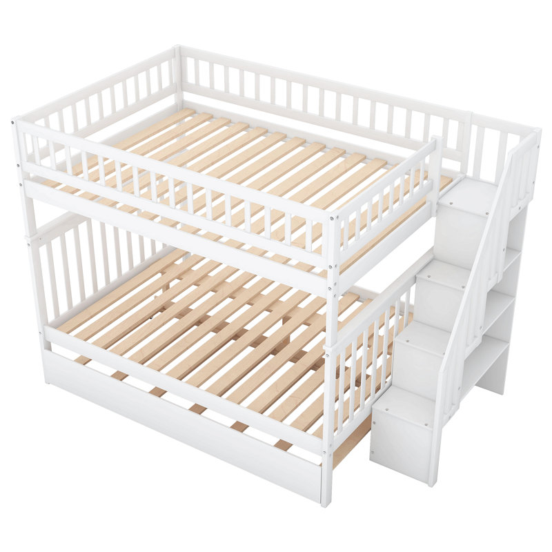 Lit superposé avec lit gigogne et escalier, Double XL, Blanc