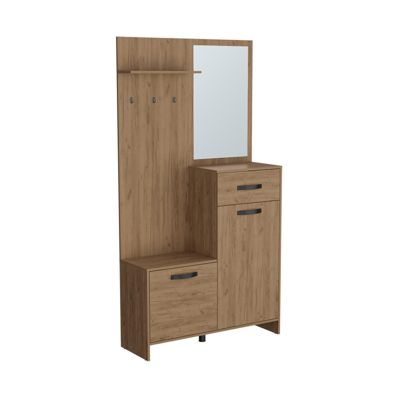 Parker 75" Tall Mirrored Tree Hall with Hangers, Three Shelves, Two Cabinets, One Drawer, Entry way, Console Table, Living Room