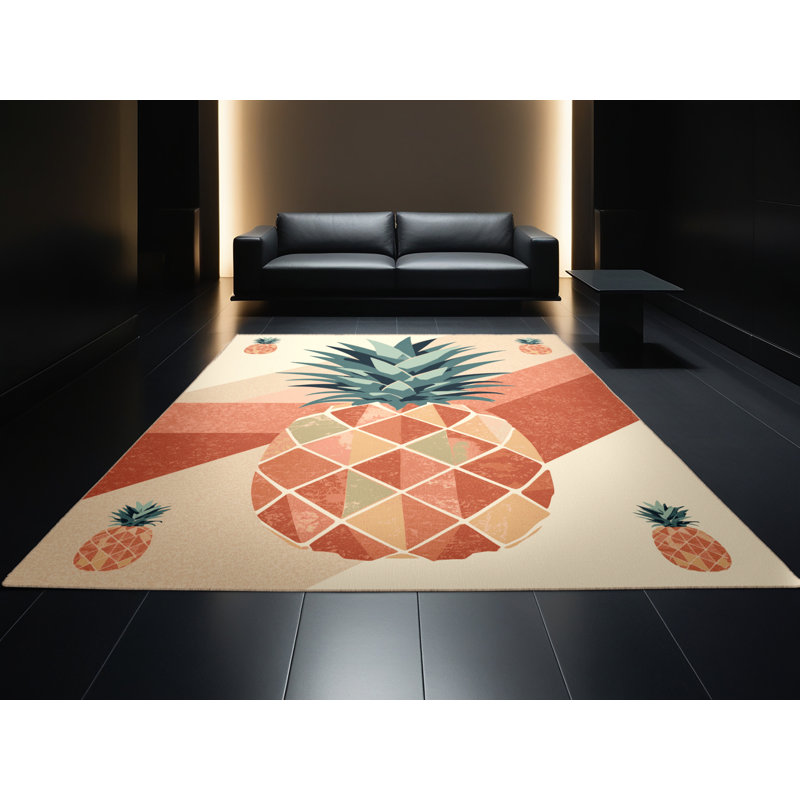 Machine Washable Tomohon Pineapple Tropical Block Print Rug in Beige – Beige Binding, 5x7