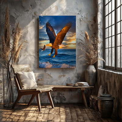Reproduction d'art sur toile, "Aigle chauve majestueux" au-dessus de l'océan au coucher du soleil, "Wings"