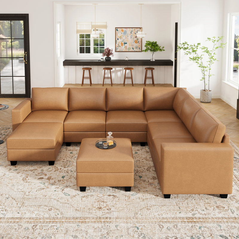 Abramson U-shaped Faux Leather Sectional Sofa with Storage Ottoman