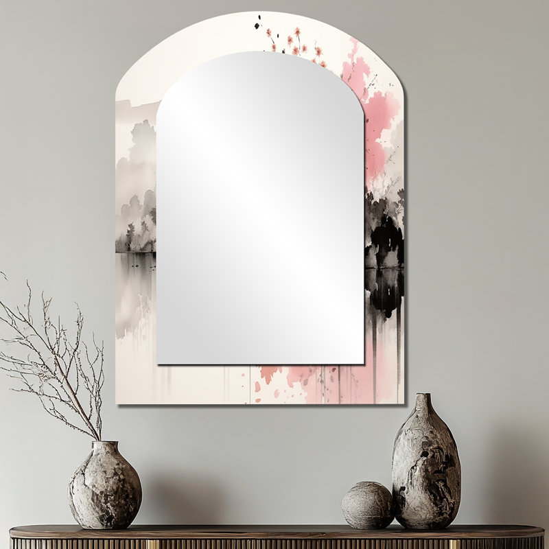 Asian Art Sumi Lake III - miroir d'art arqué, miroir mural asymétrique rose, 34 po x 25 po
