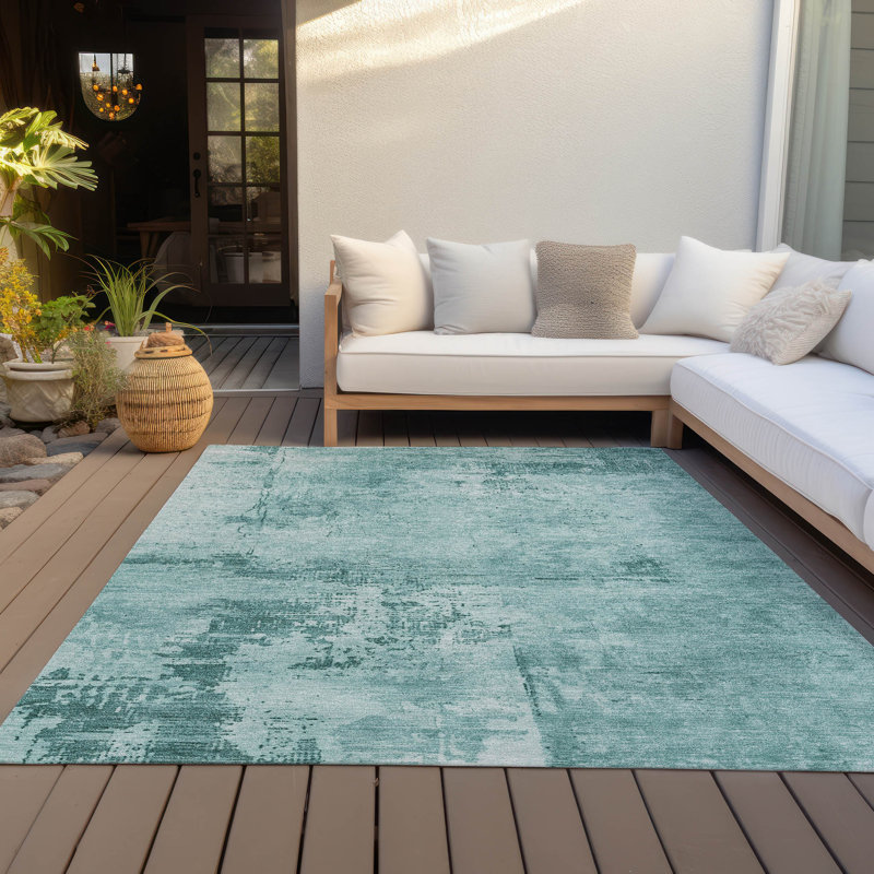 Teal Abstract Washable Synthetic Indoor/Outdoor Rug 2'6" x 3'10"