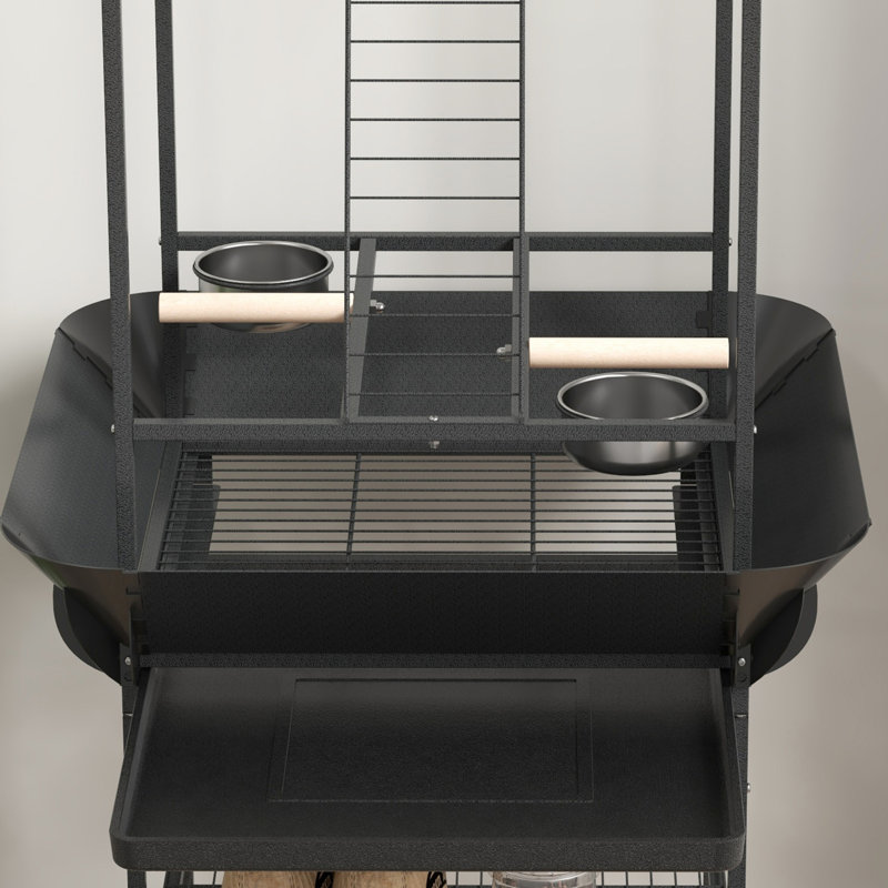 Support pour perroquet avec roulettes, gris foncé - trois perchoirs, bols en acier inoxydable, plateau coulissant, support pour engager le jeu des oiseaux, petits perroquets idéaux