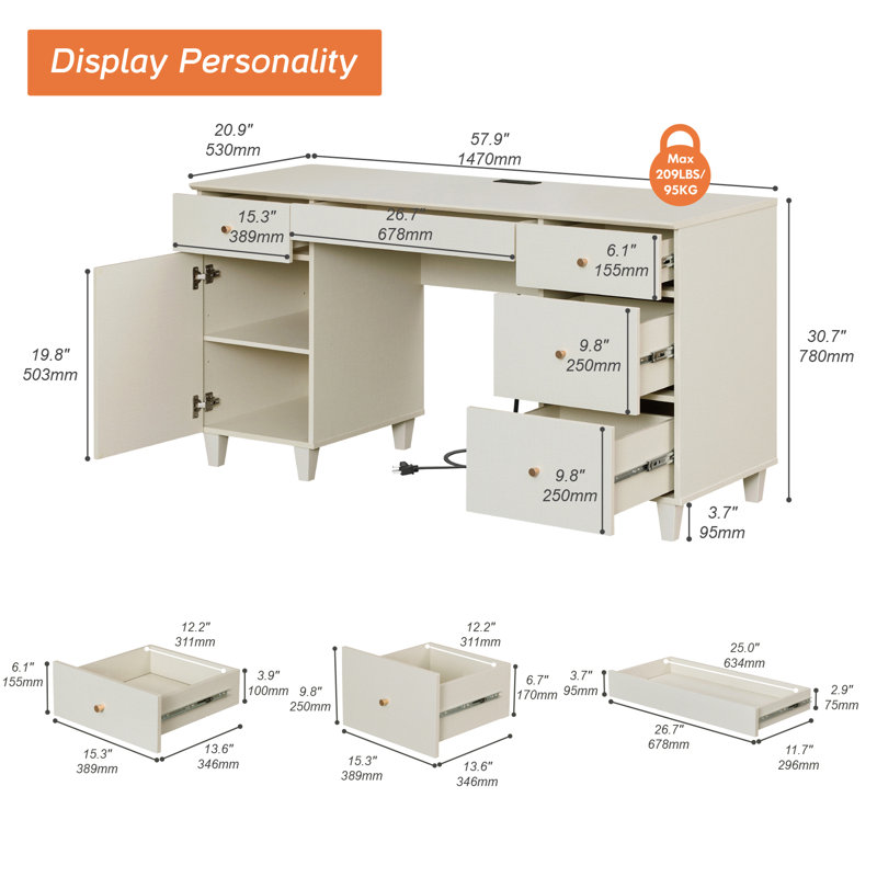 58" Wooden Vanity Desk With Drawers And Storage Cabinet, Modern Makeup Dressing Table With Charging Station For Bedroom