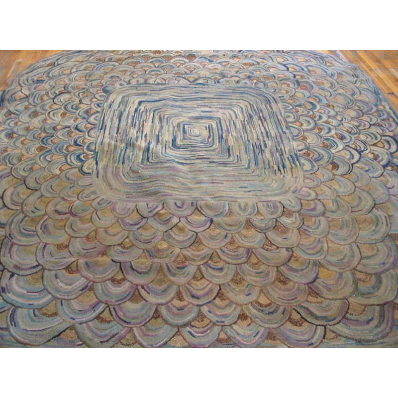 Antique Wool & Cotton Blue Hooked - Loop Pile Rug