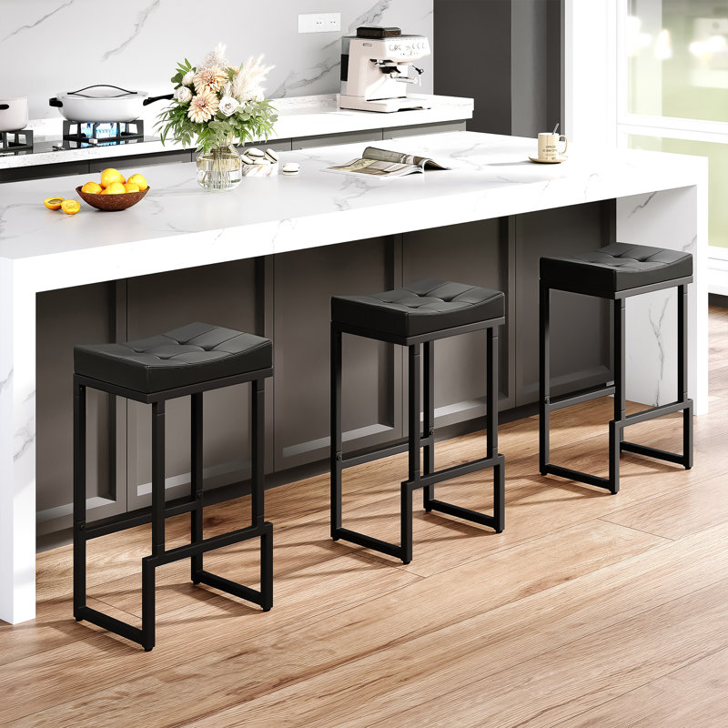 Tabouret de comptoir rembourré avec structure et repose-pieds en métal, tabouret de bar à hauteur de siège sans dossier, Noir