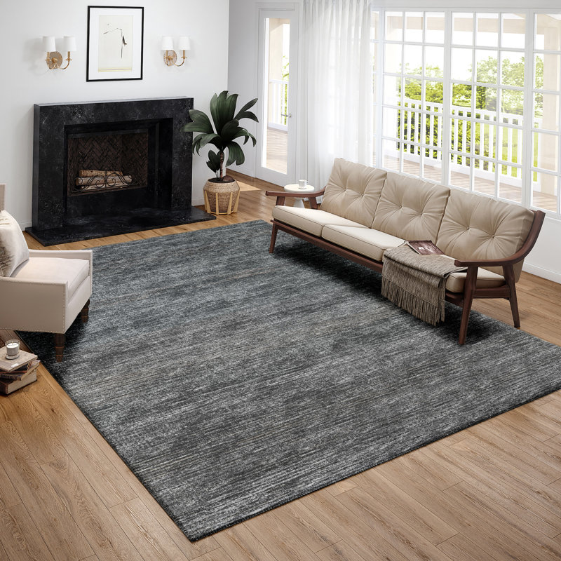 Tapis gris en polyester tissé à la machine Ehrlich Nakagawa, Rectangle 3 pi x 5 pi