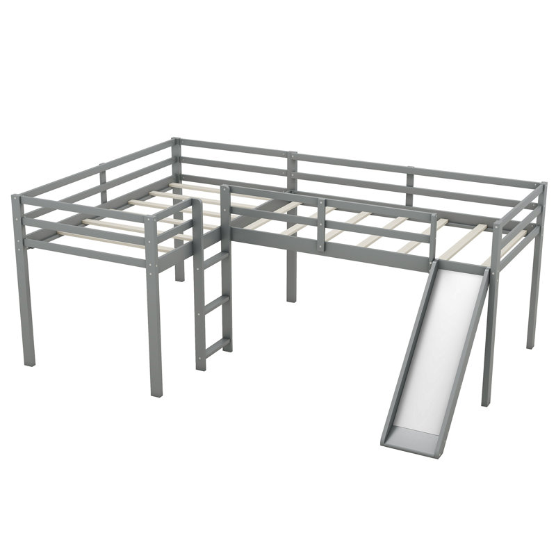 Lit mezzanine simple en L avec glissade et échelle, lit superposé en bois massif pour enfants, gris