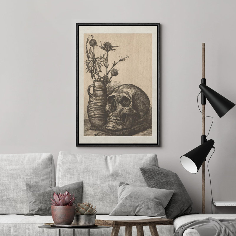 Crâne rétro et chardon plante Moody foncé, œuvres d'art moderne, décor, Cadre flottant noir, H 24 po x l 16 po