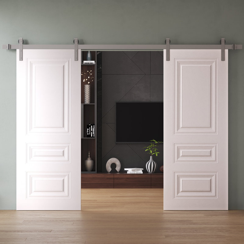 Double porte de grange | Blanc ESSENTIEL 1233 | Ensemble de rail 13 pi | Portes intérieures solides, 60 po x 80 po