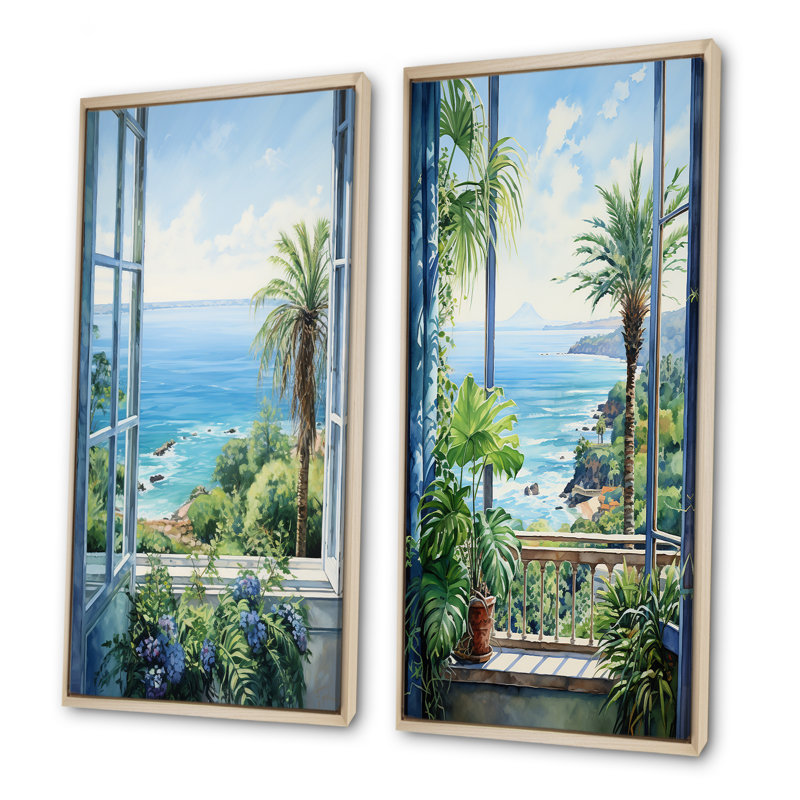 Ensemble de 2 fenêtres tropicales sur la plage I - Coastal Windows Wall Art, Cadre flottant brun, H 28 po x l 25 po