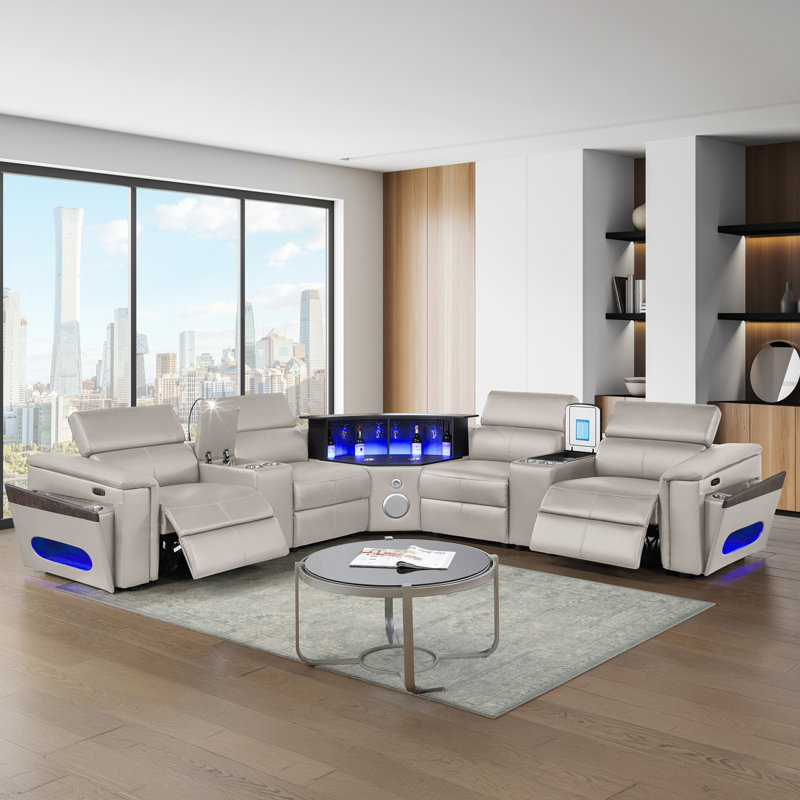 Canapé modulaire Nova avec 2 consoles (lampe de lecture + réfrigérateur), coin avec haut-parleur Bluetooth, DEL et armoire à vin relevable - gris