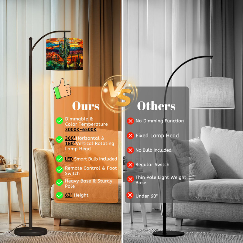 Arc Floor Lamp with Adjustable Lampshade Emerald Cactus Vibrant Sky Western Scene Standing Lamp 3 Color Temperatures Dimmable Tall Pole Lamp with Foot Switch for Bedroom