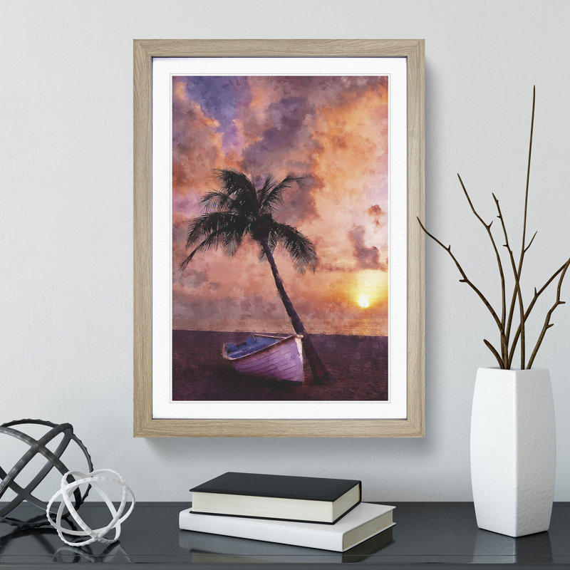 Palm Tree and Boat - Framed Print, 36cm H x 27cm W x 2cm D, Oak Framed