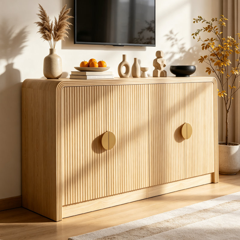 55" Mid-Century Modern Sideboard Buffet Cabinet with Wavy Grain Doors, Oak TV Stand for TVs up to 60", 6-Shelf Storage Credenza for Living Room, Kitchen, Entryway