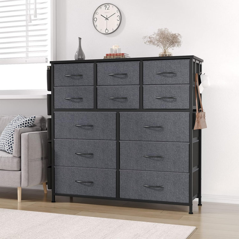 Commode 12 tiroirs en tissu avec poches latérales, crochets, structure en acier et commode en bois, Gris